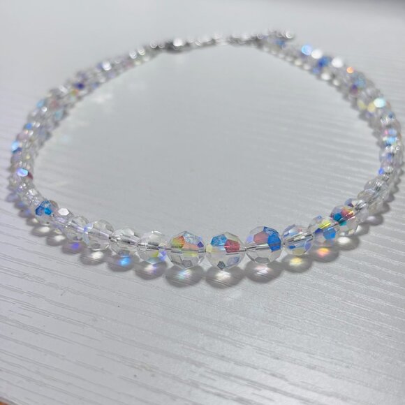 Aurora Borealis Crystal Beaded Necklace Clear AB Sparkle 16” - Picture 10 of 12